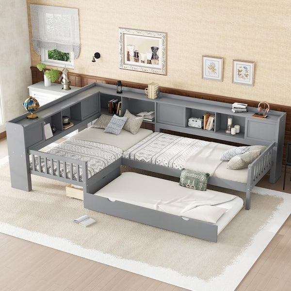Raviel Modern Gray Wood Frame Twin Size L-Shaped Platform Bed with Trundle, Storage Drawer and Shelves