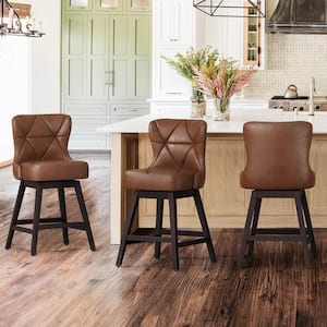 Zola 26 in. Dark Brown Wood Frame Faux Leather Upholstered Swivel Bar Stool (Set of 3)