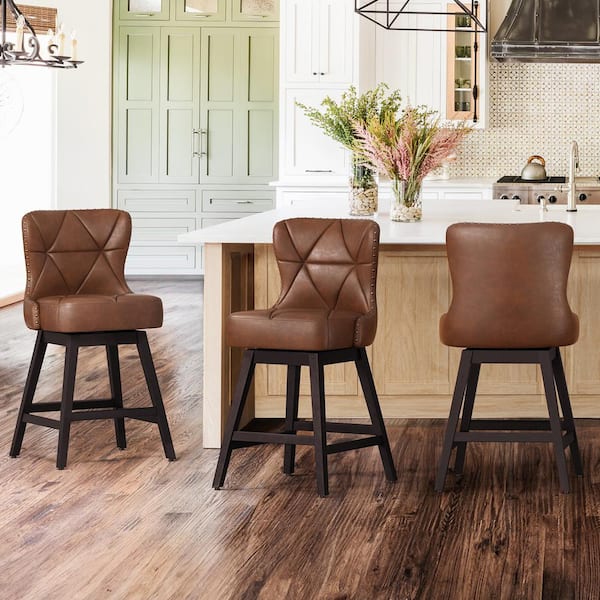 OrangeOne Zola 26 in. Dark Brown Wood Frame Faux Leather Upholstered Swivel Bar Stool (Set of 3)