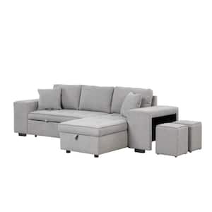 104.5 in. Width Light Gray Linen Full Size Convertible Sofa Bed with Storage Chaise and 2-Stools