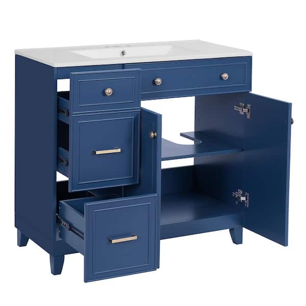 36 in. 1-Sink Free-Standing Blue Bath Vanity with White Ceramic Top and Soft Close Doors, Adjustable Shelves, Drawers