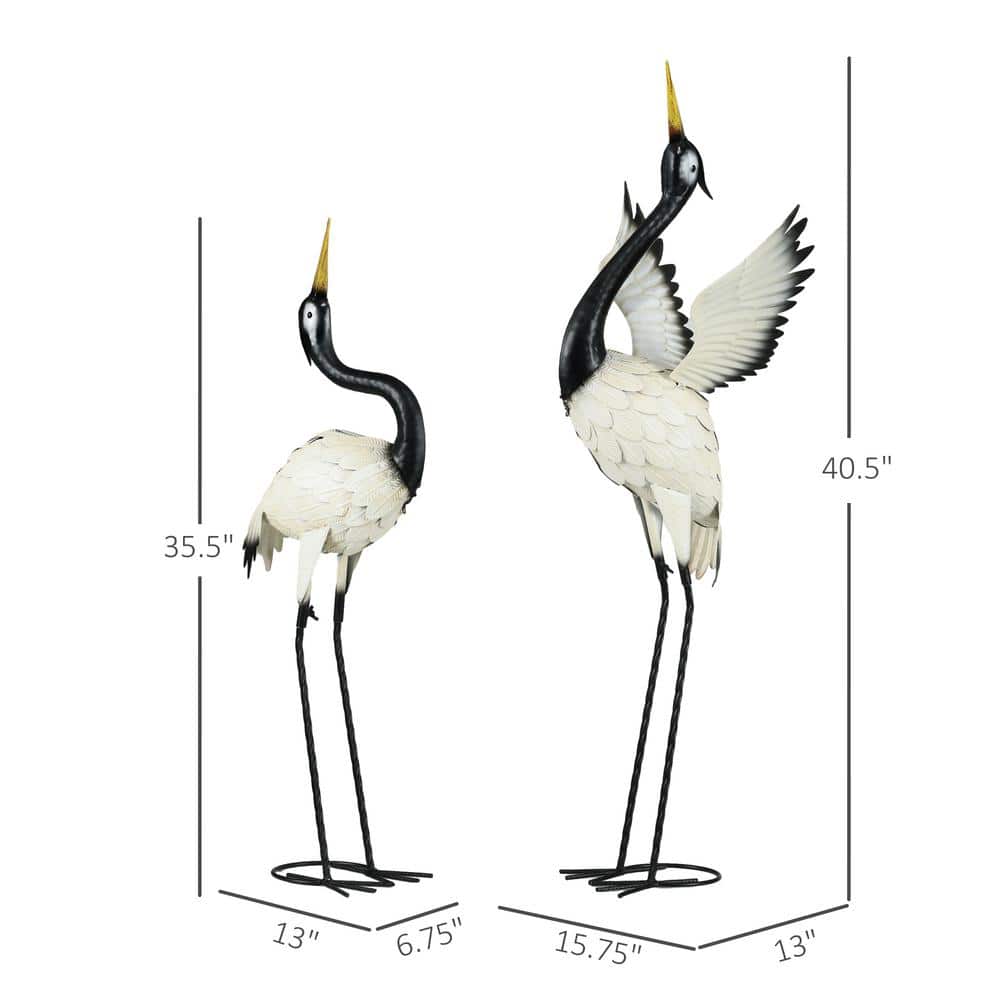 Set of 2 White and Black Metal Heron Garden Statues