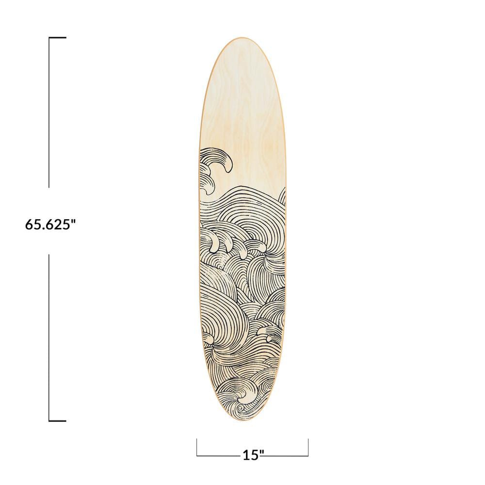 Natural Wood Coastal Surfboard Wall Art with Wave Design