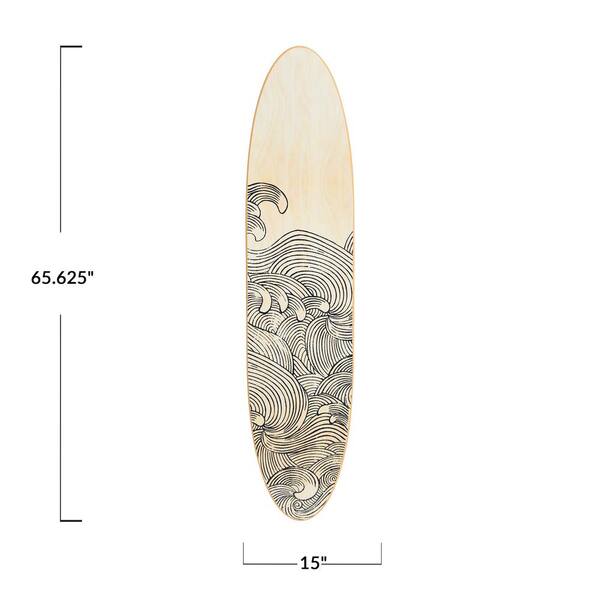 Storied Home Coastal Decorative Surfboard Wood Wall Art Decor for Living Room Contemporary Wave Design On Light Natural Wood EC0623