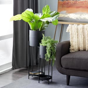 33 in., and 24 in. Extra Large Black Metal Indoor Outdoor Planter with Removable Stand (2- Pack)