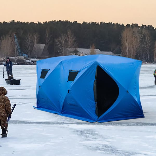 QualyQualy Ice Fishing Tent, Ice Fishing Shelter with Floor, 8-10 Person  Pop-Up Portable Ice Fishing Shanty Insulated with Stove Jack, Winter