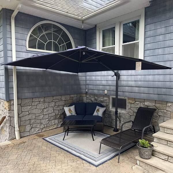 9 ft. x 11.5 ft. Aluminum Outdoor Patio Cantilever Umbrella Offset 360° Rotation Umbrella with Base, Navy Blue