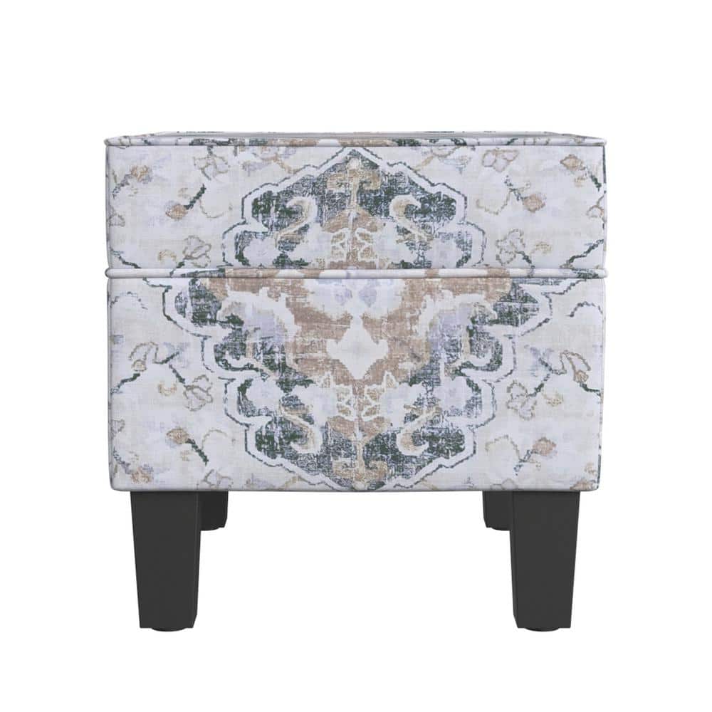 Antiqued Ebony Medallion Upholstered Storage Ottoman with Hinged Lid