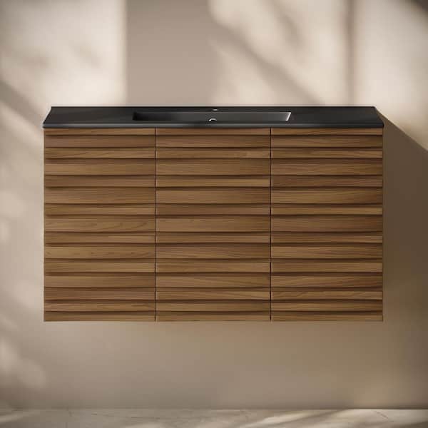 Cascade 36" Wall-Mounted Bath Vanity in Brown Oak with Black Ceramic Sink Top