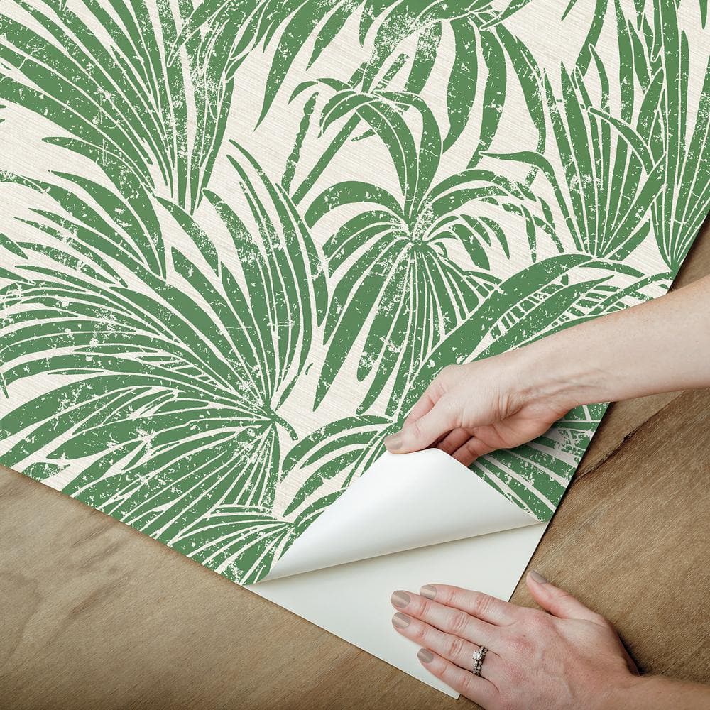 Green and Beige Vinyl Palm Leaf Peel and Stick Wallpaper