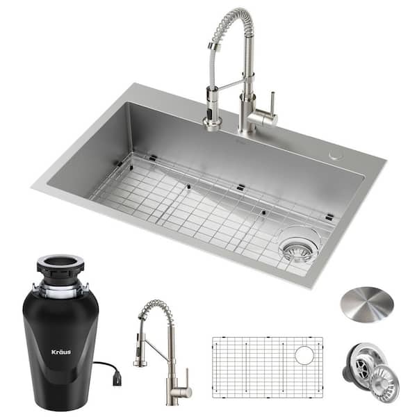 KRAUS Loften 18 Gauge Stainless Steel 33" Single Bowl Drop-In Kitchen Sink with WasteGuard Continuous Feed Garbage Disposal