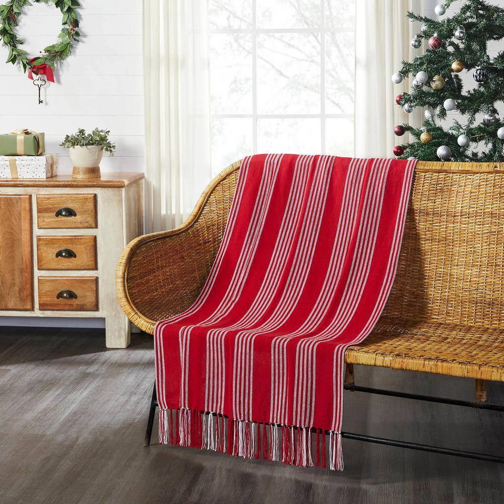 VHC BRANDS Arendal Red White Stripe Woven Throw Blanket 84144