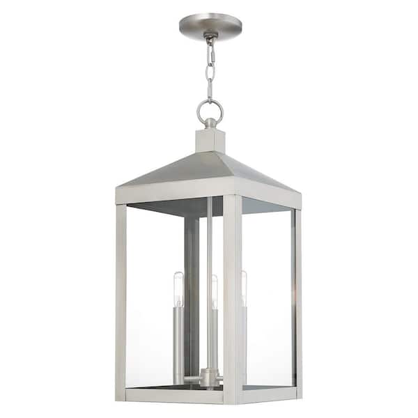 AVIANCE LIGHTING Creekview 24 in. 3-Light Brushed Nickel Dimmable Outdoor Pendant Light with Clear Glass and No Bulbs Included