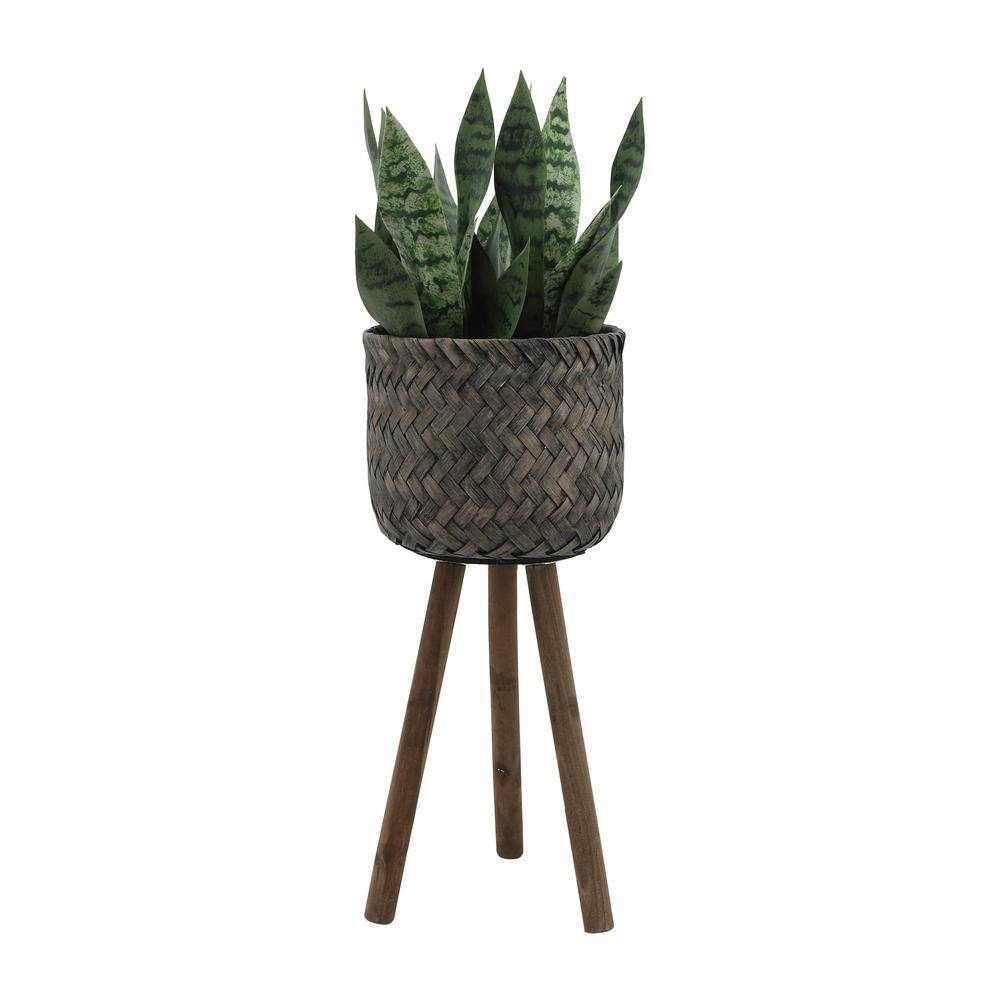 Set of 2 Brown and Black Bamboo Planters with Stands