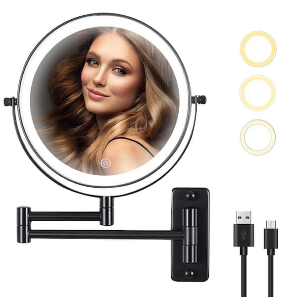 yulika 8 in. W x 8 in. H Round LED Metal Wall Miror 7x Magnification Bathroom Makeup Mirror in Black