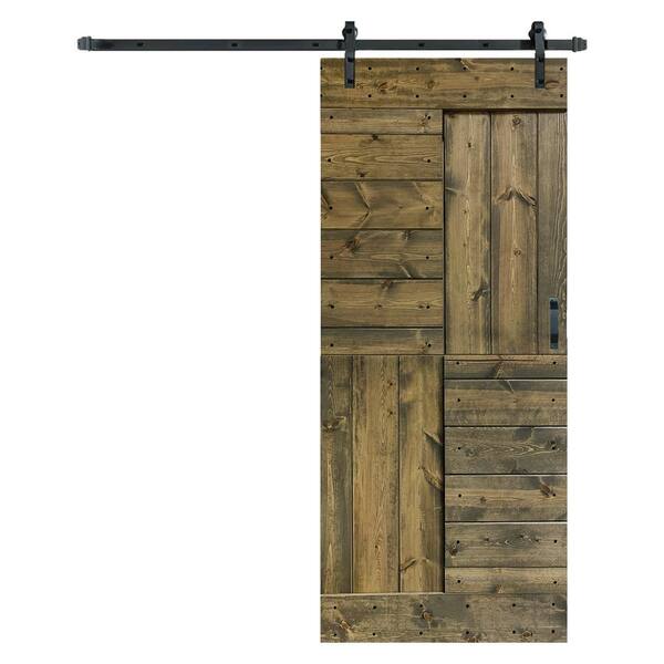 ISLIFE S Series 36 in. x 84 in. Aged Barrel Finished DIY Solid Wood Sliding Barn Door with Hardware Kit