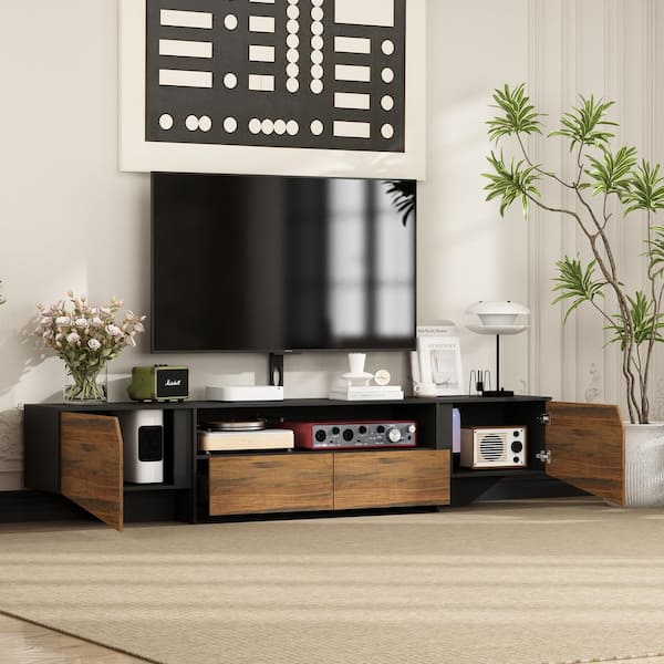 FUFU&GAGA Black and Wood Grain Wooden TV Stand Entertainment Center Fits TV's Up to 95 in. with 2-Drawers 2-Doors and 1-Open Shelf