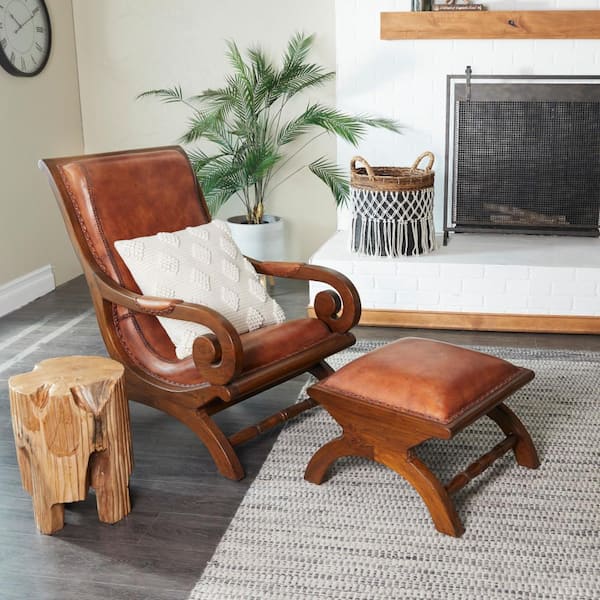 Litton Lane Brown Upholstered Leather Teak Wood Accent Chair with Ottoman with Scrollwork and High Back