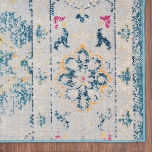 Anamica Distress Gray/Blue 7 ft. 9 in. x 9 ft. 9 in. Floral Transitional Boho Woven Indoor/Outdoor Area Rug