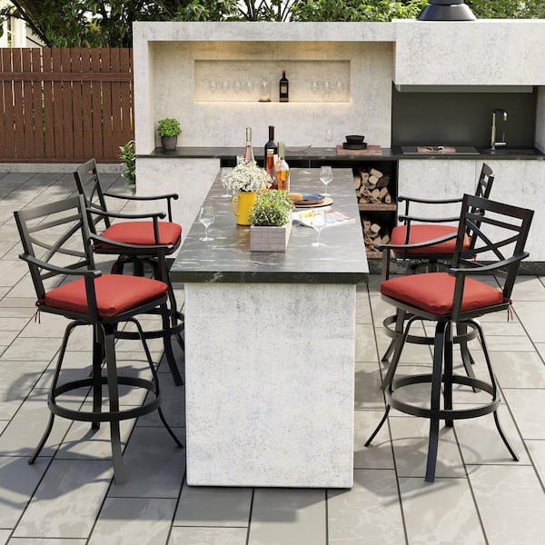Swivel Cast Aluminum Outdoor Bar Stool with Red Cushion (4-Pack)
