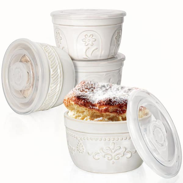 4-Piece Round Ceramic Ramekin Set with Storage Lids Oven Safe Multi-Purpose for Baking, Desserts, Sauces
