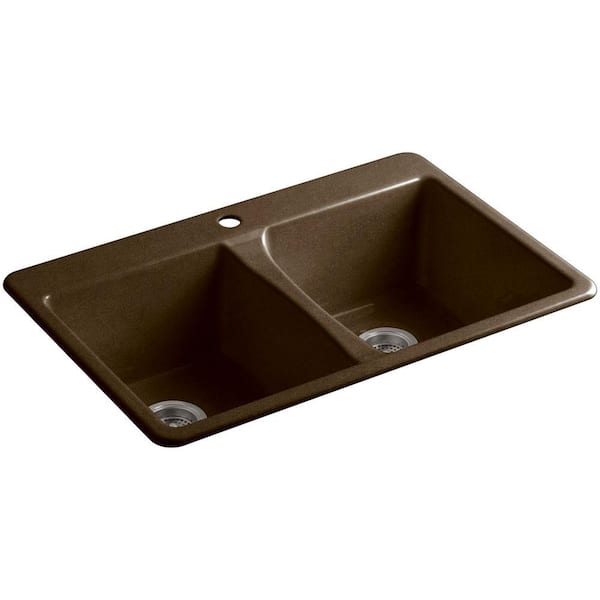 KOHLER Deerfield Drop-In Cast-Iron 33 in. 1-Hole Double Bowl Kitchen Sink in Black 'n Tan