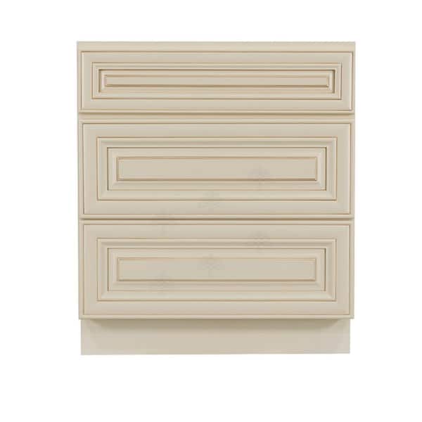 LIFEART CABINETRY Princeton Assembled 33 in. x 34.5 in. x 24 in. Base Cabinet with 3-Drawers in Creamy White Glazed