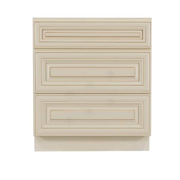 LIFEART CABINETRY Princeton Assembled 36 in. x 34.5 in. x 24 in. Base Cabinet with 3-Drawers in Creamy White Glazed