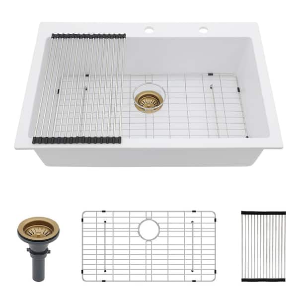 16-Gauge Quartz 33 in. Drop-in Bar Sink Kitchen Sink Single Bowl in White