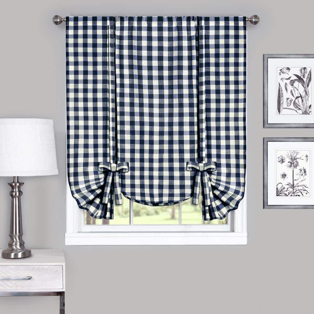 Navy Buffalo Check Light Filtering Tie-Up Curtain