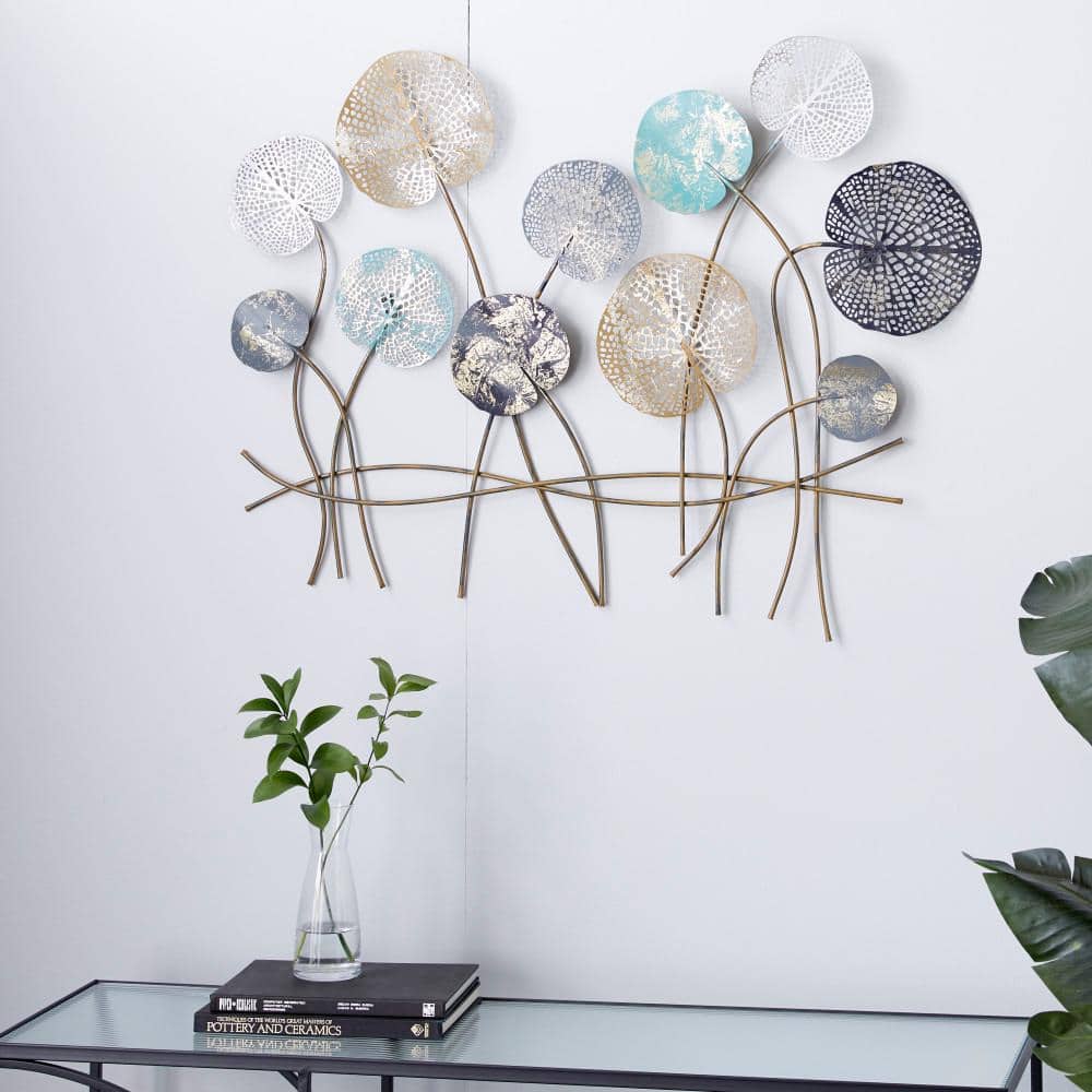 Blue and Gold Metal Floral Wall Sculpture with Gold Trim