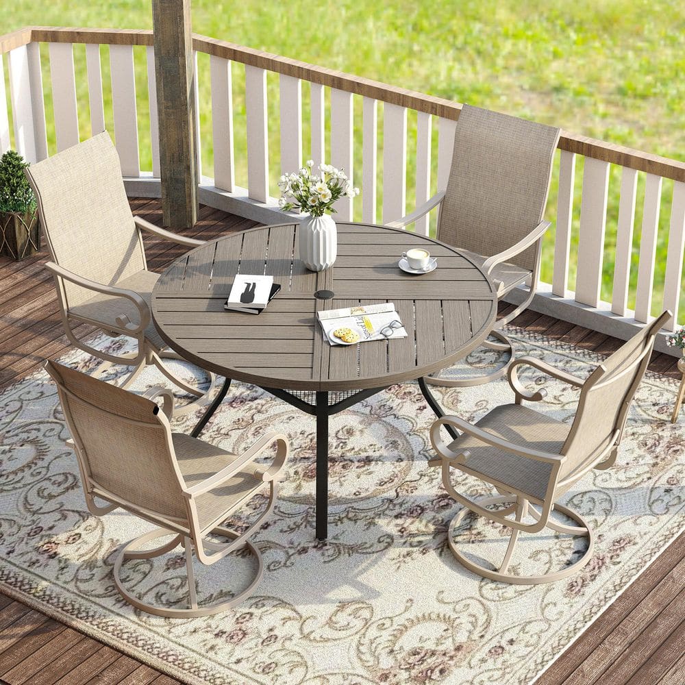 5-Piece Outdoor Patio Dining Set with 40.6 in. Gray Wood-Like Metal Round Table and 4-Sandshell Textilene Swivel Chairs price history on PriceWatchPro