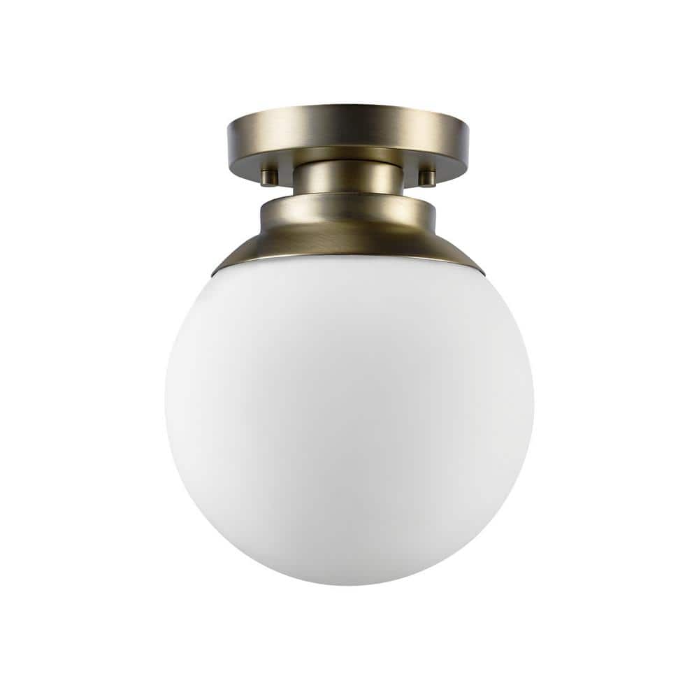 Portland 8" Brass Semi-Flush Globe Ceiling Light with Frosted Glass
