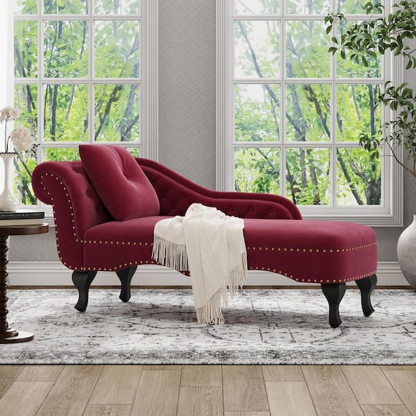 Calyra French Burgundy Red Velvet Button Tufted Nailhead Trim Upholstered Chaise Lounge with Scrolled Backrest & Pillow