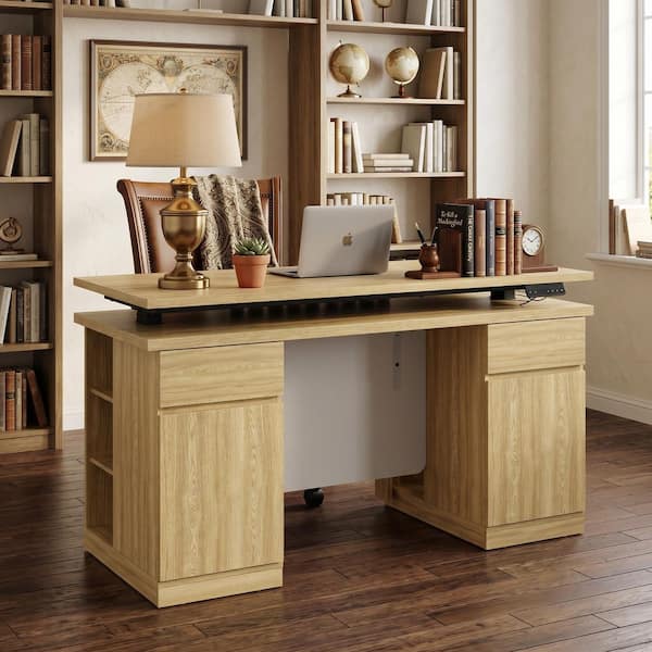 FUFU&GAGA 54.3 in. Rectangular Yellow Wood Grain 2-Drawer Writing