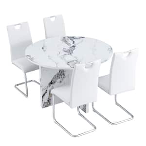 5-Piece Round Faux Marble Top Dining Table Set for 4 with 4 Chairs, White
