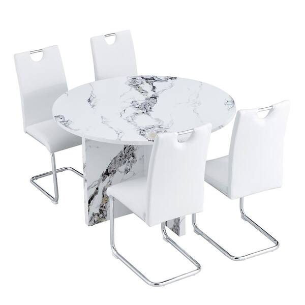 Polibi 5-Piece Round Faux Marble Top Dining Table Set for 4 with 4 Chairs, White