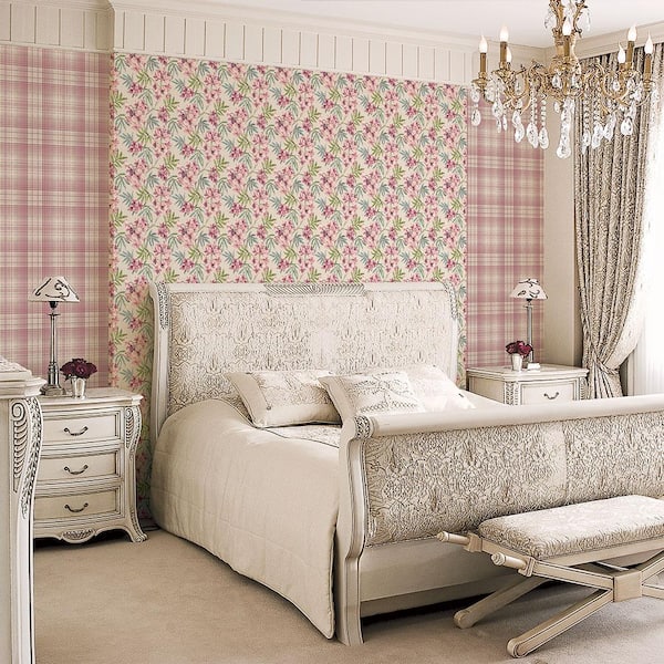 Linen Floral Pink, Burgundy, Turquoise & Taupe Vinyl Wallpaper (Covers 55 sq. ft.)