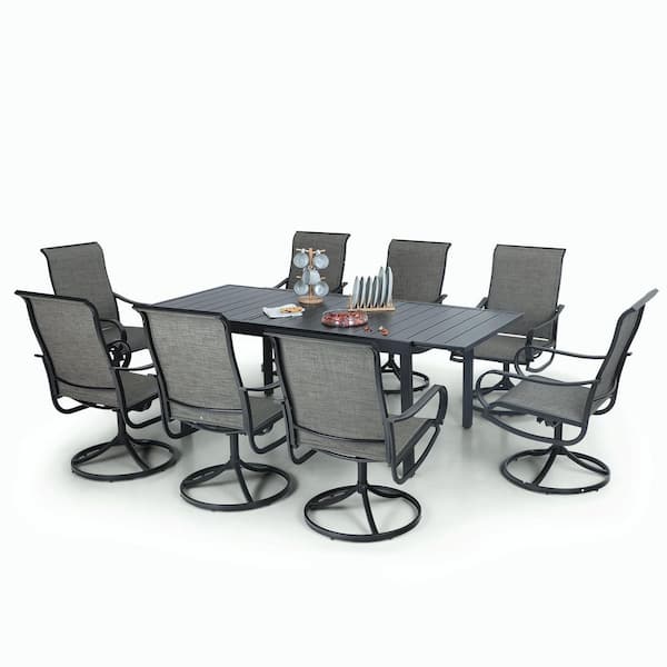 PHI VILLA Black 9-Piece Metal Patio Outdoor Dining Set with Geometric Extendable Table and Textilene Swivel Chairs