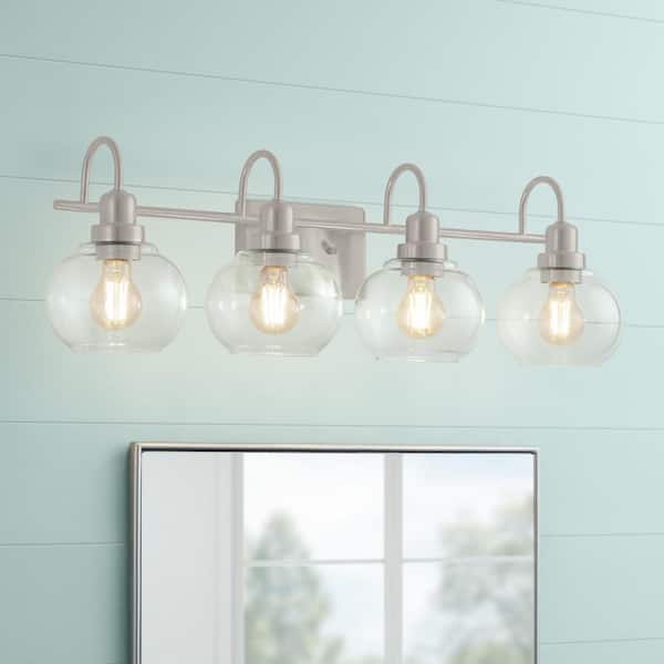 Home Decorators Collection Halyn 31.375 in. 4-Light Brushed Nickel Bathroom Vanity Light with Clear Glass Shades