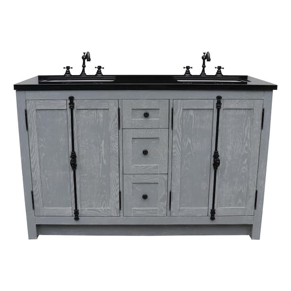 Bellaterra Home Plantation 55 in. W x 22 in. D Double Bath Vanity in Gray with Granite Vanity Top in Black with White Rectangle Basins