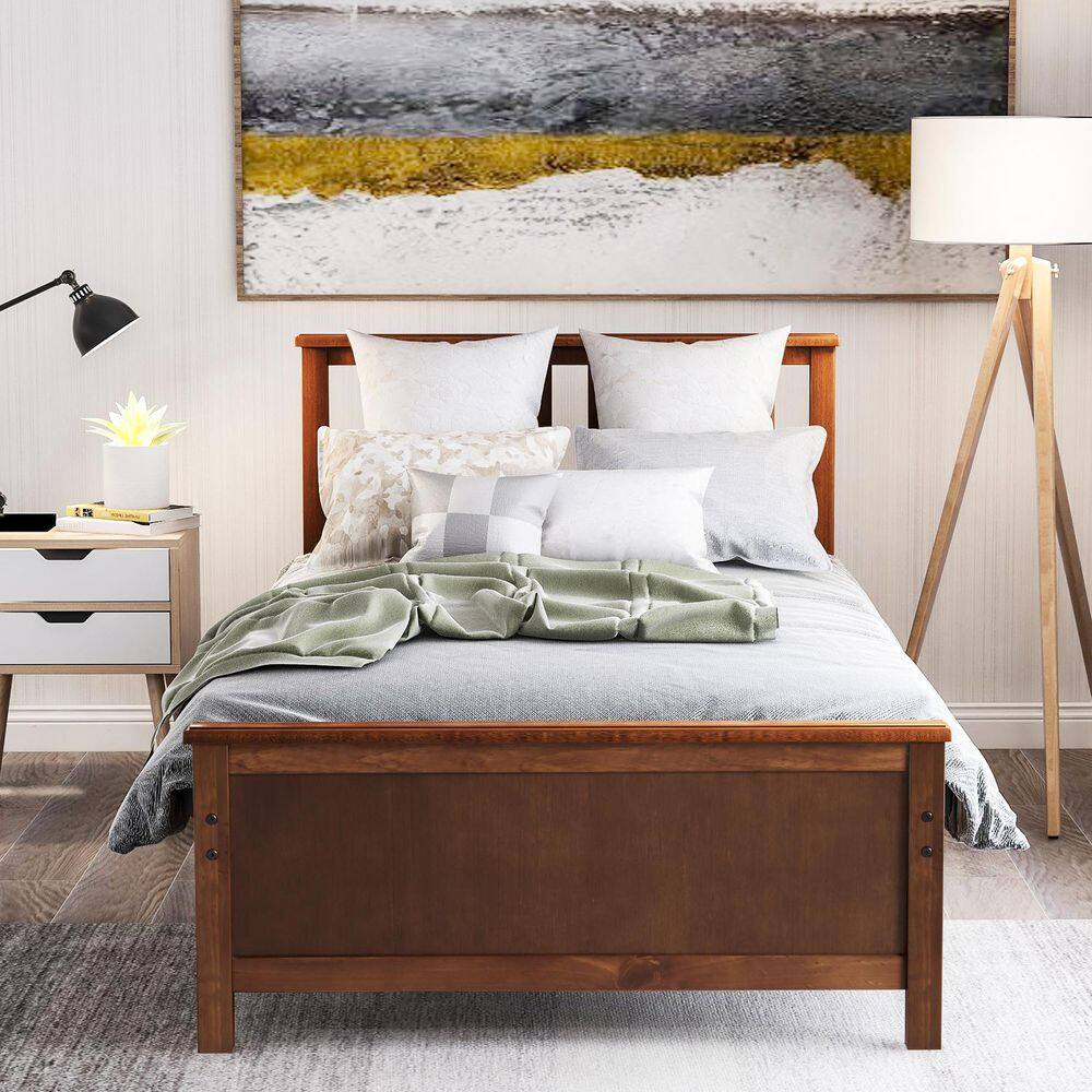 Walnut Brown Wood Frame Twin Size Platform Bed with Headboard and Footboard price history on PriceWatchPro