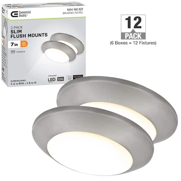 Commercial Electric 7.2 in. Brushed Nickel Slim LED Flush Mount 854LM 12.5-Watt Soft White 3000K Bedroom Closet Kitchen Lighting (12-Pack)