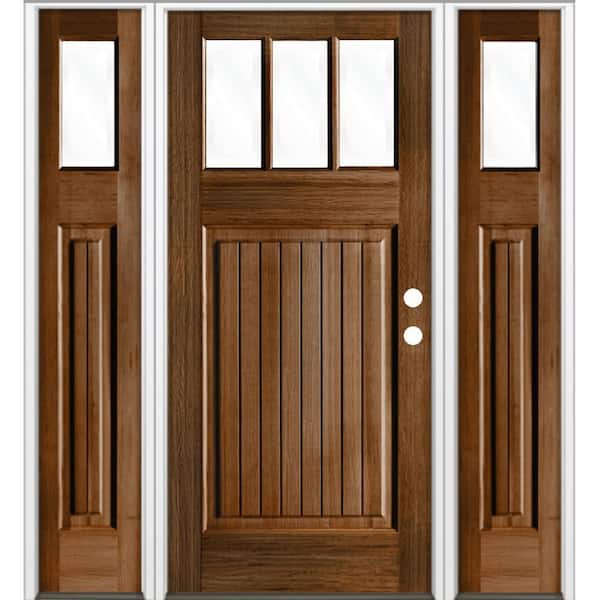 64 in. x 80 in. Craftsman 3-Lite Clear Glass VG Provincial Stain Left Hand Hemlock Wood Prehung Front Door w/DSL