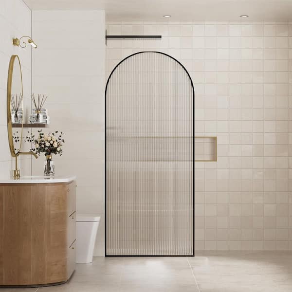 34in W x 78in H Framed Fixed Curved Design Shower Screen Door in Matte Black with 3/8 in. Fluted Glass