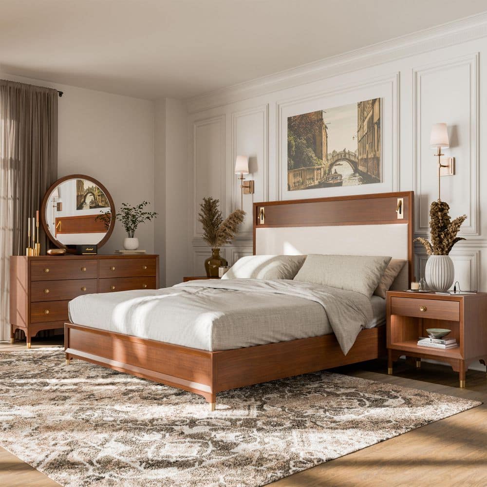 Forma 5-Piece Mid Century Walnut Wood Queen Platform Bedroom Set With Reading Lights