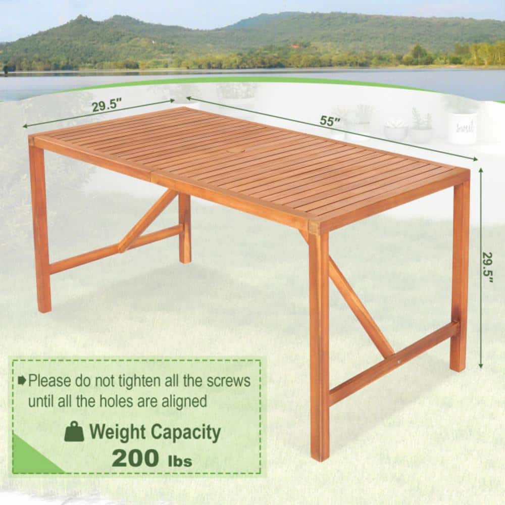 Acacia Wood Rectangular Patio Dining Table with Umbrella Hole