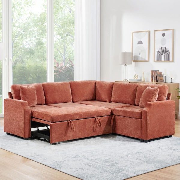 Lara 81.9 in. Chenille Upholstered L-Shaped Sectional Sofa in. Orange with Hidden Storage, Pull-Out Bed, Pillows