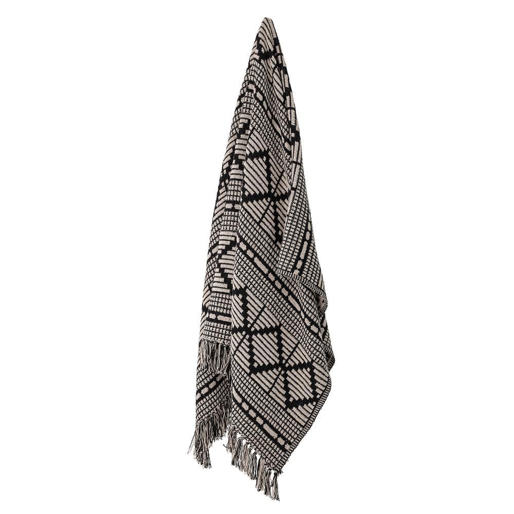 Bloomingville Black & Beige Diamond-Patterned Cotton Blend Throw with Fringe