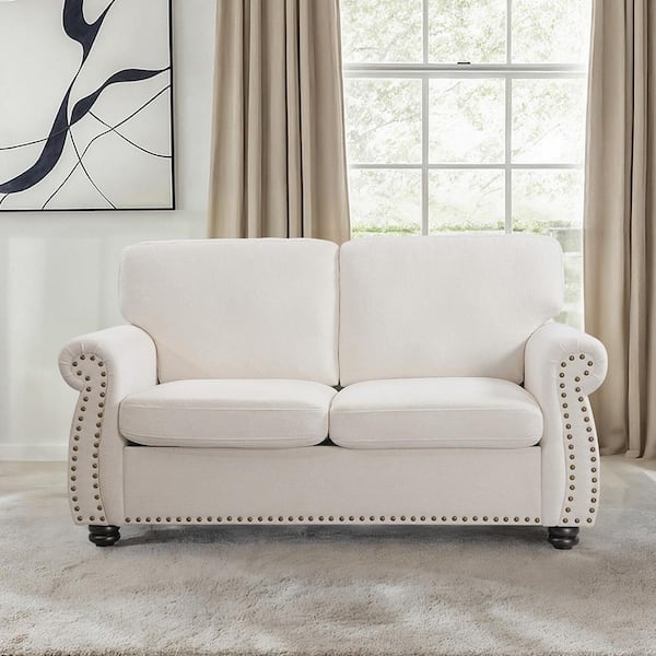US Pride Furniture Chester 65 in. Wide Rolled Arm Velvet Modern Rectangle Loveseat in Ivory